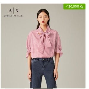 Rare Armani Exchange Red Striped Blouse with Bow and Baloon Sleeves size M